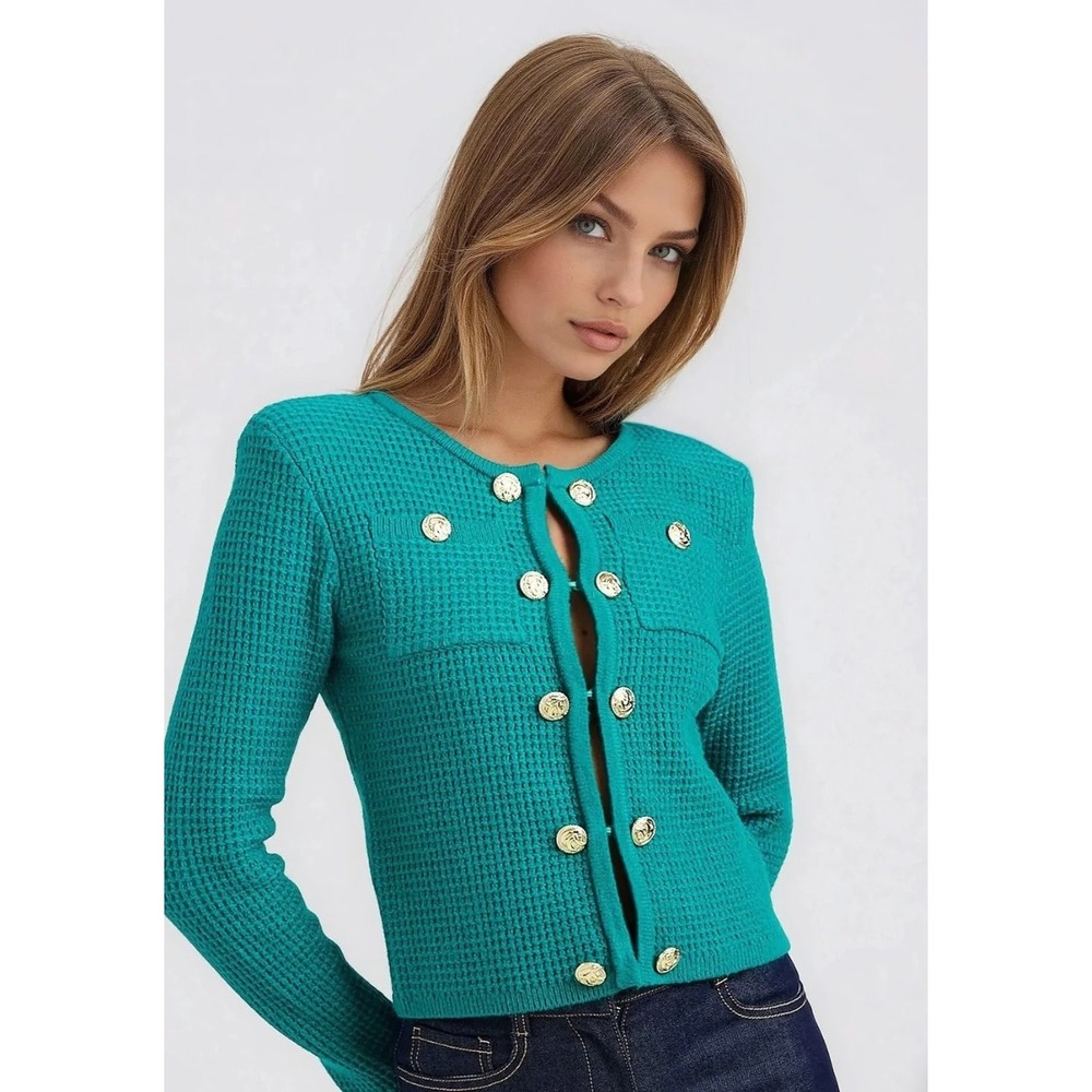 Generation Love Cypress Cardigan Teal Turquoise Textured Knit Gold Button Large